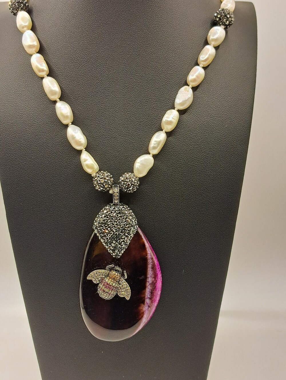 Joan Rivers Pave Rhinestone Bumblebee On Purple Stone Pendant - Faux Pearl Neck